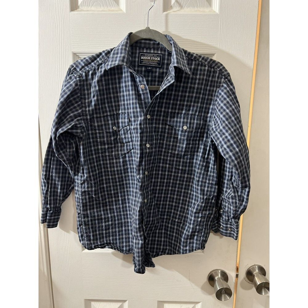 Rough Stock By Panhandle Slim Boys L 14 Blue Plaid‎ Pearl Snap Long Sleeve Shirt